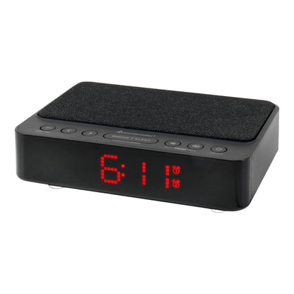 Soundmaster HighLine UR124SW Radiowecker mit kabelloser Ladestation Wireless Charger LED-Display 4-fach Dimmer 2 Weckzeiten ohne Ticken Gangreserve – Frontansicht – Produktbild von Soundmaxx Online
