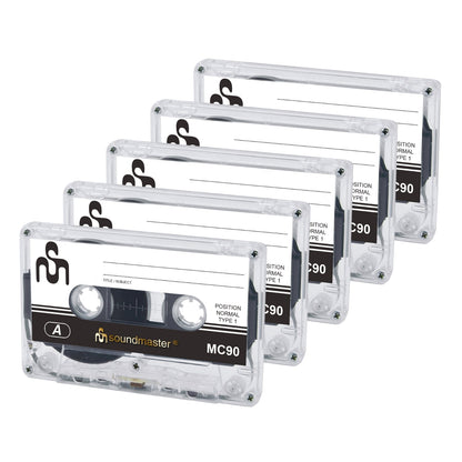 Soundmaster MC905P Leerkassetten 90 minuten, 5 stuks, elk 45 minuten per zijde, met hoes en beschrijfbare inzet.