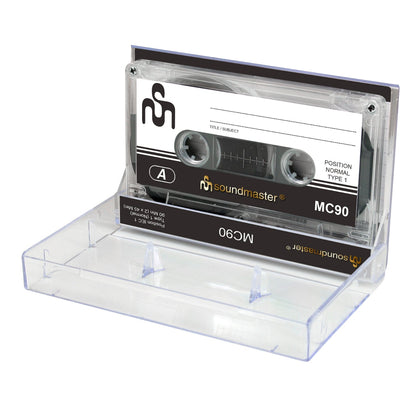 Soundmaster MC905P audiocassettes 5-pack, 90 minuten totale afspeeltijd, 45 minuten per zijde, inclusief beschermhoezen en inlegvellen.