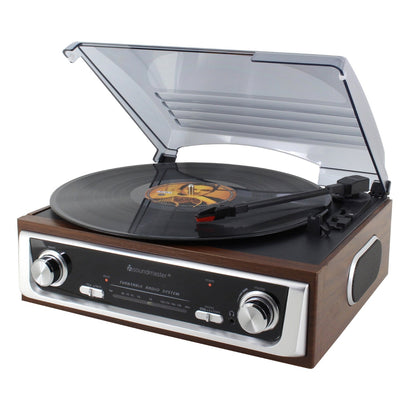 Soundmaster PL196H Plattenspieler Radio Stereo-Lautsprecher Kopfhörerbuchse Echtholz Retro Nostalgie – Frontansicht – Produktbild von Soundmaxx Online