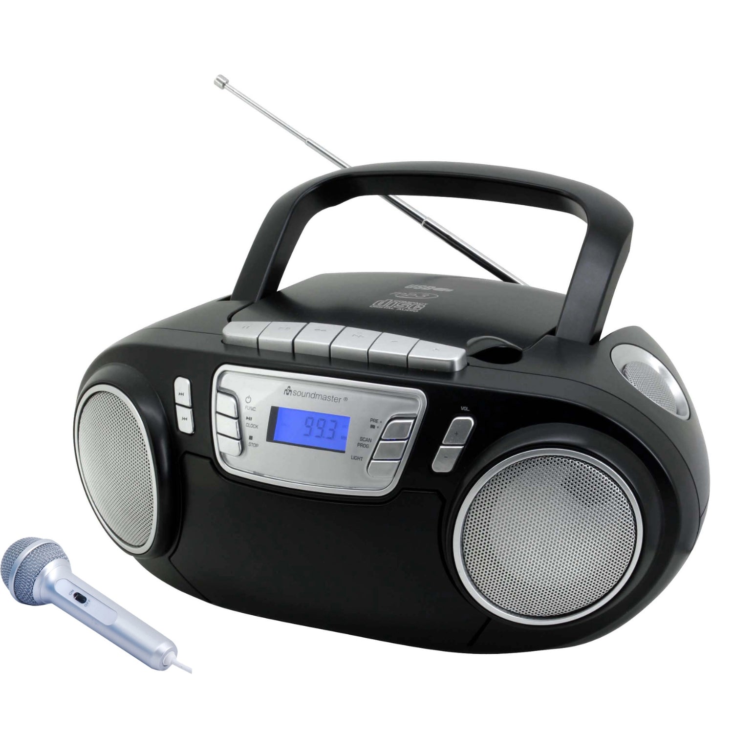 Soundmaster SCD5800SW tragbarer CD-Player Radiorecorder Kassettenrekorder USB AUX LED-Licht Karaoke inklusive Mikrofon Farbe Schwarz – Frontansicht – Produktbild von Soundmaxx Online