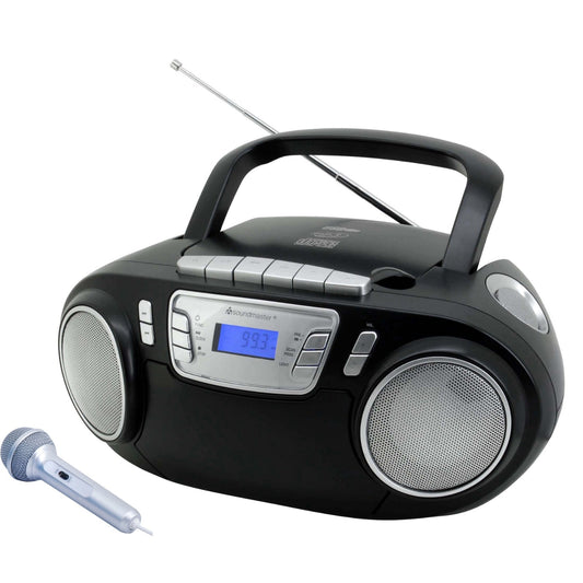 Soundmaster SCD5800SW tragbarer CD-Player Radiorecorder Kassettenrekorder USB AUX LED-Licht Karaoke inklusive Mikrofon Farbe Schwarz – Frontansicht – Produktbild von Soundmaxx Online
