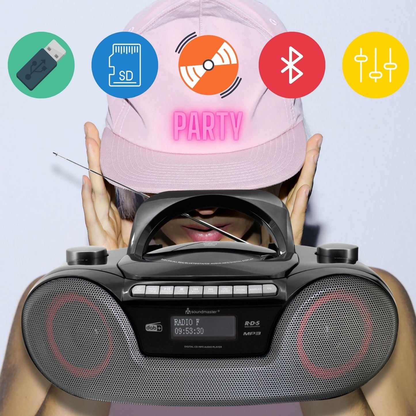 soundmaster scd8300sw tragbares digitalradio cd player horbuchfunktion bluetooth dab ukw radio usb sd anschluss kopfhoreranschluss wecker – Seitenansicht – Produktbild von Soundmaxx Online
