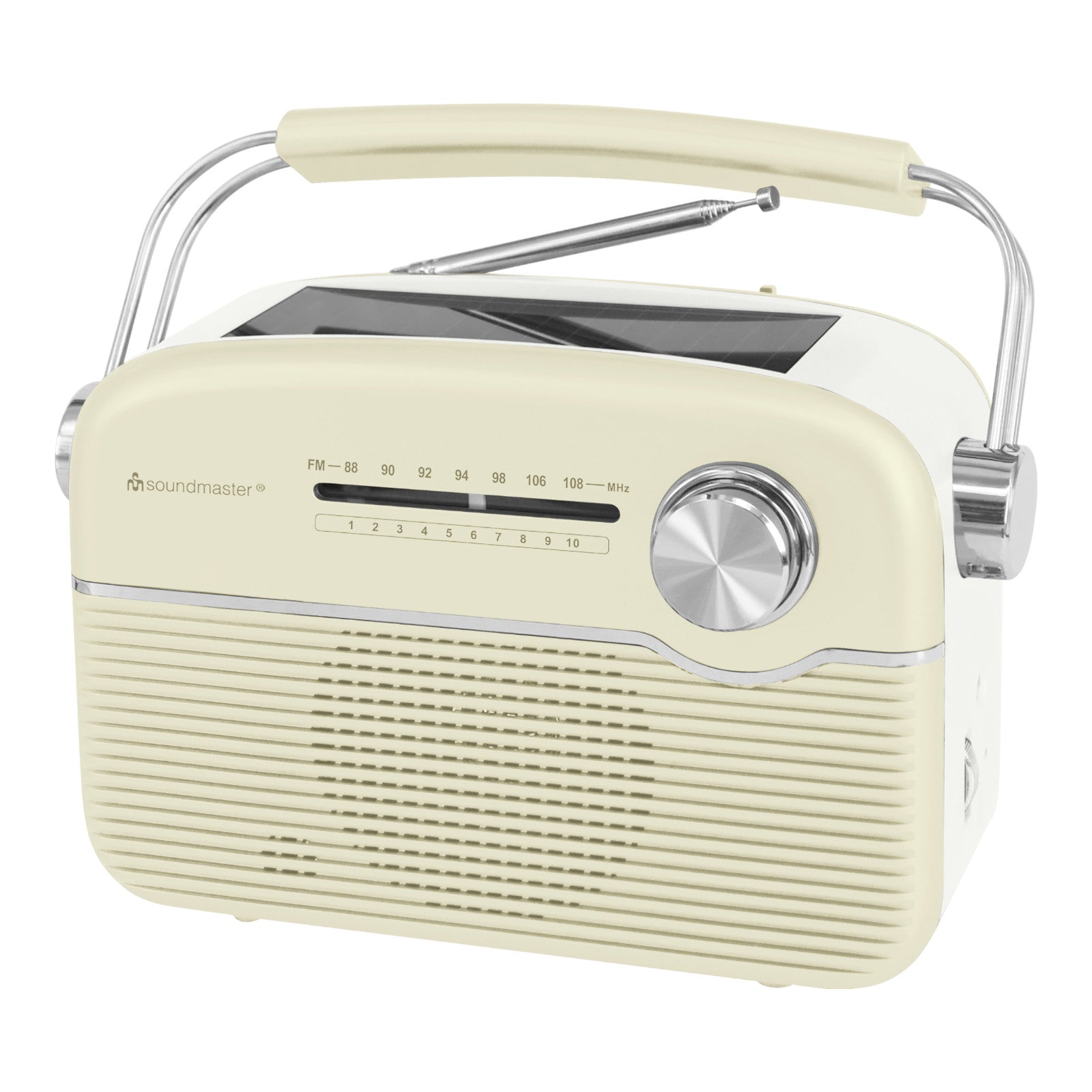 Soundmaster TR480BE tragbares Radio mit Solar und Lithium Akku Retro Nostalgie Kopfhöreranschluss, beige – Frontansicht – Produktbild von Soundmaxx Online