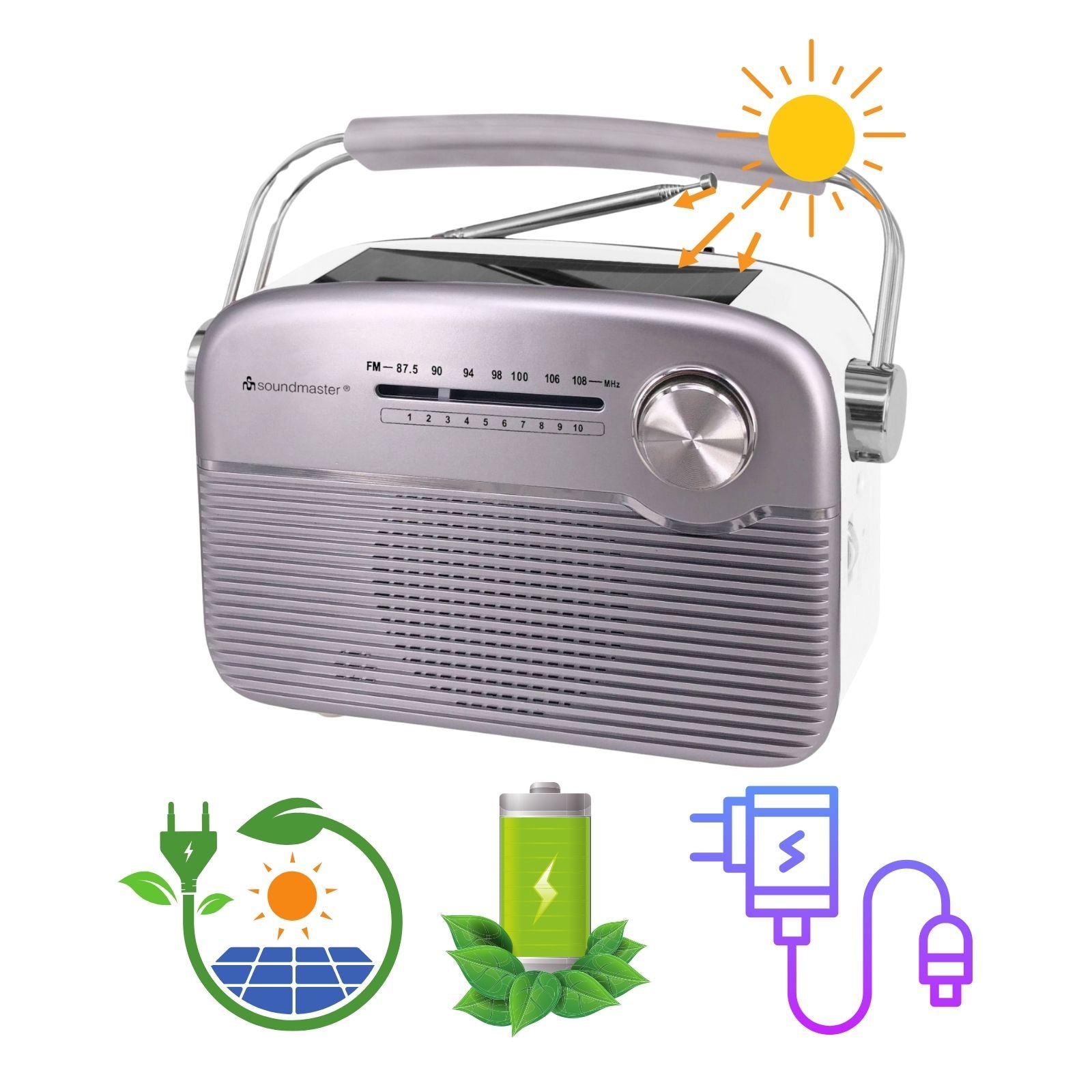 soundmaster tr480si tragbares radio mit solar und lithium akku retro nostalgie kopfhoreranschluss silber – Seitenansicht – Produktbild von Soundmaxx Online