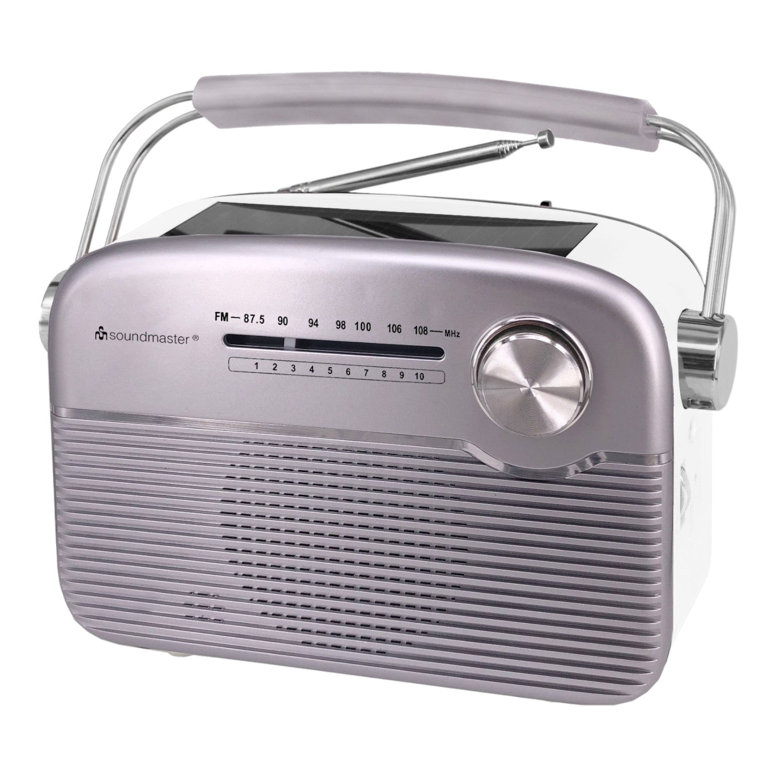 Soundmaster TR480SI tragbares Radio mit Solar und Lithium Akku Retro Nostalgie Kopfhöreranschluss, silber – Frontansicht – Produktbild von Soundmaxx Online